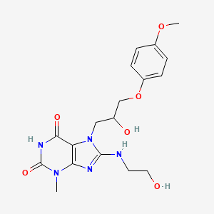 molecular formula C18H23N5O6 B2562073 7-(2-hydroxy-3-(4-methoxyphenoxy)propyl)-8-((2-hydroxyethyl)amino)-3-methyl-1H-purine-2,6(3H,7H)-dione CAS No. 442555-94-4