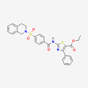 molecular formula C28H25N3O5S2 B2562144 ethyl 2-(4-((3,4-dihydroisoquinolin-2(1H)-yl)sulfonyl)benzamido)-4-phenylthiazole-5-carboxylate CAS No. 361480-73-1