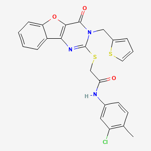 molecular formula C24H18ClN3O3S2 B2562145 N-(3-chloro-4-methylphenyl)-2-({6-oxo-5-[(thiophen-2-yl)methyl]-8-oxa-3,5-diazatricyclo[7.4.0.0^{2,7}]trideca-1(9),2(7),3,10,12-pentaen-4-yl}sulfanyl)acetamide CAS No. 899941-68-5