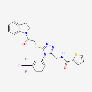 molecular formula C25H20F3N5O2S2 B2562162 N-((5-((2-(indolin-1-yl)-2-oxoethyl)thio)-4-(3-(trifluoromethyl)phenyl)-4H-1,2,4-triazol-3-yl)methyl)thiophene-2-carboxamide CAS No. 310449-46-8