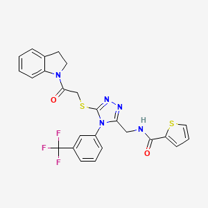 molecular formula C25H20F3N5O2S2 B2562162 N-[[5-[2-(2,3-dihydroindol-1-yl)-2-oxoethyl]sulfanyl-4-[3-(trifluoromethyl)phenyl]-1,2,4-triazol-3-yl]methyl]thiophene-2-carboxamide CAS No. 310449-46-8
