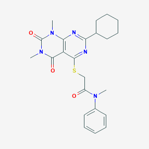 molecular formula C23H27N5O3S B2562166 2-((2-cyclohexyl-6,8-dimethyl-5,7-dioxo-5,6,7,8-tetrahydropyrimido[4,5-d]pyrimidin-4-yl)thio)-N-methyl-N-phenylacetamide CAS No. 893912-35-1