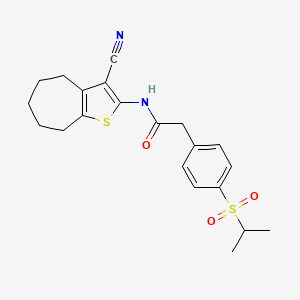 molecular formula C21H24N2O3S2 B2562209 N-(3-cyano-5,6,7,8-tetrahydro-4H-cyclohepta[b]thiophen-2-yl)-2-(4-(isopropylsulfonyl)phenyl)acetamide CAS No. 955537-93-6