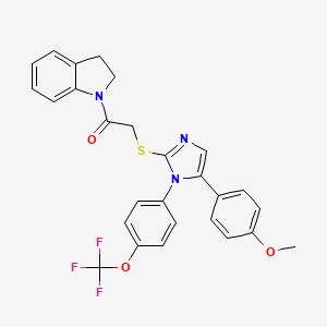 molecular formula C27H22F3N3O3S B2562222 1-(indolin-1-yl)-2-((5-(4-methoxyphenyl)-1-(4-(trifluoromethoxy)phenyl)-1H-imidazol-2-yl)thio)ethanone CAS No. 1226431-26-0