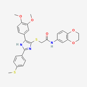 molecular formula C28H27N3O5S2 B2562232 N-(2,3-DIHYDRO-1,4-BENZODIOXIN-6-YL)-2-{[5-(3,4-DIMETHOXYPHENYL)-2-[4-(METHYLSULFANYL)PHENYL]-1H-IMIDAZOL-4-YL]SULFANYL}ACETAMIDE CAS No. 901265-71-2