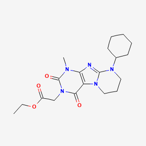 molecular formula C19H27N5O4 B2562301 ethyl 2-(9-cyclohexyl-1-methyl-2,4-dioxo-1,2,6,7,8,9-hexahydropyrimido[2,1-f]purin-3(4H)-yl)acetate CAS No. 876151-29-0