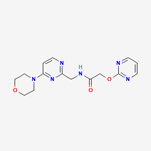 molecular formula C15H18N6O3 B2562303 N-((4-morpholinopyrimidin-2-yl)methyl)-2-(pyrimidin-2-yloxy)acetamide CAS No. 1797249-63-8