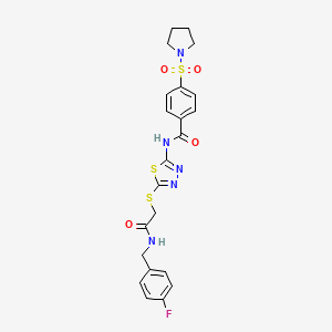 molecular formula C22H22FN5O4S3 B2562393 N-(5-((2-((4-fluorobenzyl)amino)-2-oxoethyl)thio)-1,3,4-thiadiazol-2-yl)-4-(pyrrolidin-1-ylsulfonyl)benzamide CAS No. 896028-20-9