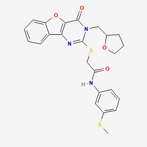molecular formula C24H23N3O4S2 B2562431 N-[3-(methylsulfanyl)phenyl]-2-({6-oxo-5-[(oxolan-2-yl)methyl]-8-oxa-3,5-diazatricyclo[7.4.0.0^{2,7}]trideca-1(9),2(7),3,10,12-pentaen-4-yl}sulfanyl)acetamide CAS No. 899755-01-2