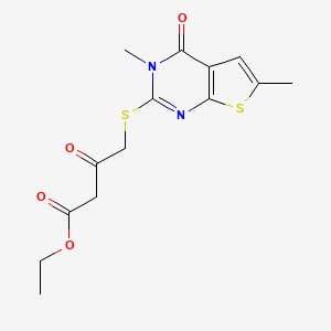 molecular formula C14H16N2O4S2 B2562979 ethyl 4-({3,6-dimethyl-4-oxo-3H,4H-thieno[2,3-d]pyrimidin-2-yl}sulfanyl)-3-oxobutanoate CAS No. 878696-23-2