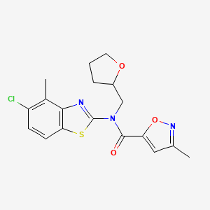 molecular formula C18H18ClN3O3S B2562988 N-(5-chloro-4-methyl-1,3-benzothiazol-2-yl)-3-methyl-N-[(oxolan-2-yl)methyl]-1,2-oxazole-5-carboxamide CAS No. 946229-04-5