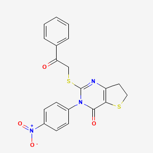 molecular formula C20H15N3O4S2 B2563017 3-(4-nitrophenyl)-2-[(2-oxo-2-phenylethyl)sulfanyl]-3H,4H,6H,7H-thieno[3,2-d]pyrimidin-4-one CAS No. 850916-04-0