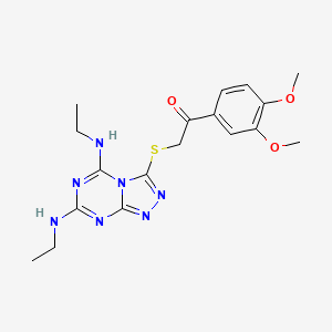molecular formula C18H23N7O3S B2563090 2-{[5,7-bis(ethylamino)-[1,2,4]triazolo[4,3-a][1,3,5]triazin-3-yl]sulfanyl}-1-(3,4-dimethoxyphenyl)ethan-1-one CAS No. 898414-70-5