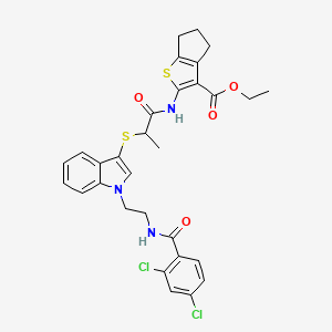 molecular formula C30H29Cl2N3O4S2 B2563099 ethyl 2-{2-[(1-{2-[(2,4-dichlorophenyl)formamido]ethyl}-1H-indol-3-yl)sulfanyl]propanamido}-4H,5H,6H-cyclopenta[b]thiophene-3-carboxylate CAS No. 532975-67-0