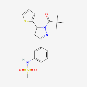 molecular formula C19H23N3O3S2 B2563169 N-(3-(1-pivaloyl-5-(thiophen-2-yl)-4,5-dihydro-1H-pyrazol-3-yl)phenyl)methanesulfonamide CAS No. 851780-58-0