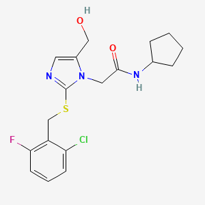 molecular formula C18H21ClFN3O2S B2563385 2-(2-((2-chloro-6-fluorobenzyl)thio)-5-(hydroxymethyl)-1H-imidazol-1-yl)-N-cyclopentylacetamide CAS No. 921526-62-7