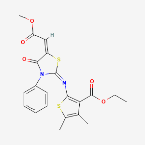 molecular formula C21H20N2O5S2 B2563402 ethyl 2-((E)-((E)-5-(2-methoxy-2-oxoethylidene)-4-oxo-3-phenylthiazolidin-2-ylidene)amino)-4,5-dimethylthiophene-3-carboxylate CAS No. 1321818-22-7