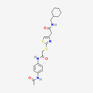 molecular formula C22H28N4O3S2 B2563535 N-(4-acetamidophenyl)-2-((4-(2-((cyclohexylmethyl)amino)-2-oxoethyl)thiazol-2-yl)thio)acetamide CAS No. 941937-46-8