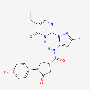 molecular formula C22H23FN6O3 B2563545 N-(1-(5-ethyl-4-methyl-6-oxo-1,6-dihydropyrimidin-2-yl)-3-methyl-1H-pyrazol-5-yl)-1-(4-fluorophenyl)-5-oxopyrrolidine-3-carboxamide CAS No. 1005719-00-5