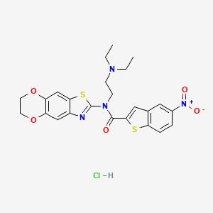 molecular formula C24H25ClN4O5S2 B2563551 N-[2-(diethylamino)ethyl]-N-(6,7-dihydro-[1,4]dioxino[2,3-f][1,3]benzothiazol-2-yl)-5-nitro-1-benzothiophene-2-carboxamide;hydrochloride CAS No. 1329888-44-9