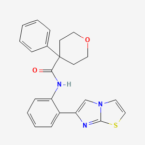 molecular formula C23H21N3O2S B2563733 N-(2-{imidazo[2,1-b][1,3]thiazol-6-yl}phenyl)-4-phenyloxane-4-carboxamide CAS No. 1795471-77-0
