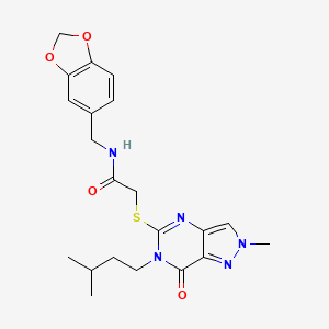 molecular formula C21H25N5O4S B2563772 N-(benzo[d][1,3]dioxol-5-ylmethyl)-2-((6-isopentyl-2-methyl-7-oxo-6,7-dihydro-2H-pyrazolo[4,3-d]pyrimidin-5-yl)thio)acetamide CAS No. 1428348-80-4