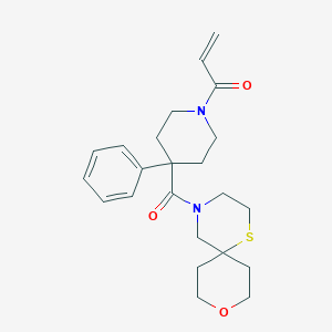 molecular formula C23H30N2O3S B2563927 1-(4-{9-Oxa-1-thia-4-azaspiro[5.5]undecane-4-carbonyl}-4-phenylpiperidin-1-yl)prop-2-en-1-one CAS No. 2361681-64-1