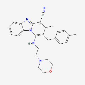 molecular formula C27H29N5O B2563979 11-methyl-12-[(4-methylphenyl)methyl]-13-{[2-(morpholin-4-yl)ethyl]amino}-1,8-diazatricyclo[7.4.0.0^{2,7}]trideca-2(7),3,5,8,10,12-hexaene-10-carbonitrile CAS No. 861123-09-3