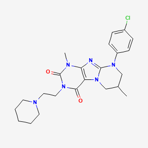 molecular formula C23H29ClN6O2 B2564052 9-(4-chlorophenyl)-1,7-dimethyl-3-(2-piperidin-1-ylethyl)-6,7,8,9-tetrahydropyrimido[2,1-f]purine-2,4(1H,3H)-dione CAS No. 922454-74-8