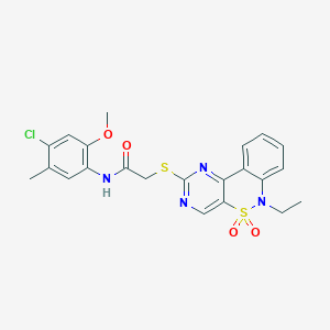 molecular formula C22H21ClN4O4S2 B2564073 N-(4-chloro-2-methoxy-5-methylphenyl)-2-((6-ethyl-5,5-dioxido-6H-benzo[c]pyrimido[4,5-e][1,2]thiazin-2-yl)thio)acetamide CAS No. 959495-09-1