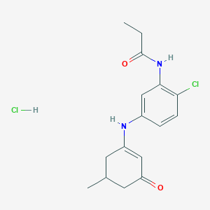molecular formula C16H20Cl2N2O2 B2564186 盐酸N-(2-氯-5-((5-甲基-3-氧代环己-1-烯基)氨基)苯基)丙酰胺 CAS No. 1397007-03-2