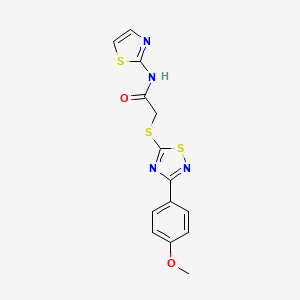 molecular formula C14H12N4O2S3 B2564196 2-((3-(4-甲氧基苯基)-1,2,4-噻二唑-5-基)硫代)-N-(噻唑-2-基)乙酰胺 CAS No. 864922-83-8
