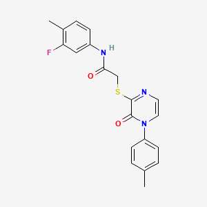 molecular formula C20H18FN3O2S B2564246 N-(3-fluoro-4-methylphenyl)-2-{[4-(4-methylphenyl)-3-oxo-3,4-dihydropyrazin-2-yl]sulfanyl}acetamide CAS No. 941935-39-3