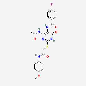 molecular formula C22H20FN5O5S B2564250 N-(4-acetamido-2-((2-((4-methoxyphenyl)amino)-2-oxoethyl)thio)-6-oxo-1,6-dihydropyrimidin-5-yl)-4-fluorobenzamide CAS No. 872608-80-5