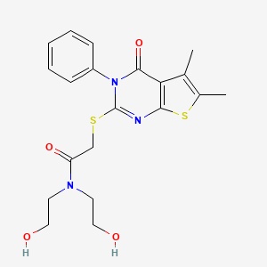 molecular formula C20H23N3O4S2 B2564313 2-({5,6-dimethyl-4-oxo-3-phenyl-3H,4H-thieno[2,3-d]pyrimidin-2-yl}sulfanyl)-N,N-bis(2-hydroxyethyl)acetamide CAS No. 457952-22-6