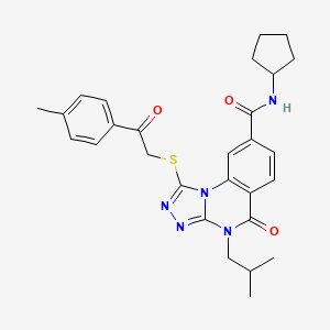 molecular formula C28H31N5O3S B2564408 N-cyclopentyl-1-{[2-(4-methylphenyl)-2-oxoethyl]sulfanyl}-4-(2-methylpropyl)-5-oxo-4H,5H-[1,2,4]triazolo[4,3-a]quinazoline-8-carboxamide CAS No. 1114652-81-1