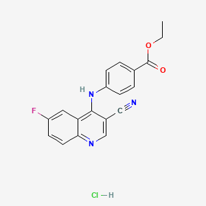molecular formula C19H15ClFN3O2 B2564628 Ethyl 4-((3-cyano-6-fluoroquinolin-4-yl)amino)benzoate hydrochloride CAS No. 1323621-74-4