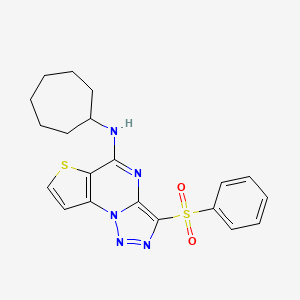 molecular formula C20H21N5O2S2 B2564750 N-cycloheptyl-3-(phenylsulfonyl)thieno[2,3-e][1,2,3]triazolo[1,5-a]pyrimidin-5-amine CAS No. 892730-15-3