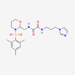 molecular formula C22H31N5O5S B2564819 N1-(3-(1H-imidazol-1-yl)propyl)-N2-((3-(mesitylsulfonyl)-1,3-oxazinan-2-yl)methyl)oxalamide CAS No. 872975-98-9