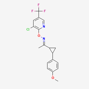 molecular formula C18H16ClF3N2O2 B2564873 1-[2-(4-甲氧基苯基)环丙基]-1-乙酮 O-[3-氯-5-(三氟甲基)-2-吡啶基]肟 CAS No. 341966-79-8