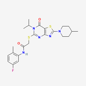 molecular formula C23H28FN5O2S2 B2564878 N-(5-fluoro-2-methylphenyl)-2-{[2-(4-methylpiperidin-1-yl)-7-oxo-6-(propan-2-yl)-6H,7H-[1,3]thiazolo[4,5-d]pyrimidin-5-yl]sulfanyl}acetamide CAS No. 1207059-00-4
