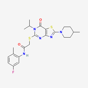 molecular formula C23H28FN5O2S2 B2564878 N~1~-(5-fluoro-2-methylphenyl)-2-{[6-isopropyl-2-(4-methylpiperidino)-7-oxo-6,7-dihydro[1,3]thiazolo[4,5-d]pyrimidin-5-yl]sulfanyl}acetamide CAS No. 1207059-00-4