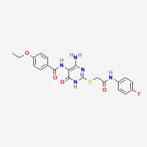 molecular formula C21H20FN5O4S B2564895 N-(4-amino-2-((2-((4-fluorophenyl)amino)-2-oxoethyl)thio)-6-oxo-1,6-dihydropyrimidin-5-yl)-4-ethoxybenzamide CAS No. 888417-45-6