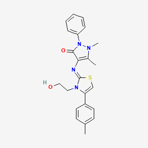 molecular formula C23H24N4O2S B2564944 4-{[(2Z)-3-(2-hydroxyethyl)-4-(4-methylphenyl)-2,3-dihydro-1,3-thiazol-2-ylidene]amino}-1,5-dimethyl-2-phenyl-2,3-dihydro-1H-pyrazol-3-one CAS No. 298206-49-2