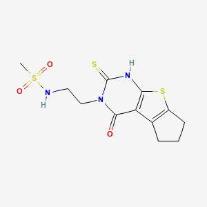molecular formula C12H15N3O3S3 B2565099 N-[2-(12-Oxo-10-sulfanylidene-7-thia-9,11-diazatricyclo[6.4.0.02,6]dodeca-1(8),2(6)-dien-11-yl)ethyl]methanesulfonamide CAS No. 1154264-64-8