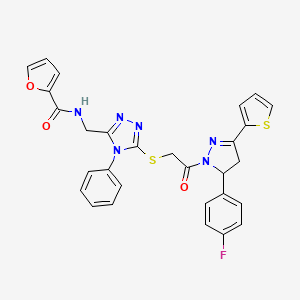 molecular formula C29H23FN6O3S2 B2565203 N-((5-((2-(5-(4-fluorophenyl)-3-(thiophen-2-yl)-4,5-dihydro-1H-pyrazol-1-yl)-2-oxoethyl)thio)-4-phenyl-4H-1,2,4-triazol-3-yl)methyl)furan-2-carboxamide CAS No. 362506-27-2