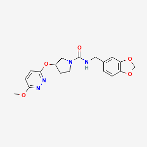 molecular formula C18H20N4O5 B2565247 N-(benzo[d][1,3]dioxol-5-ylmethyl)-3-((6-methoxypyridazin-3-yl)oxy)pyrrolidine-1-carboxamide CAS No. 2034503-56-3