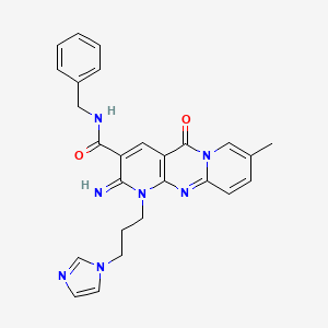 molecular formula C26H25N7O2 B2565332 N-benzyl-7-(3-imidazol-1-ylpropyl)-6-imino-13-methyl-2-oxo-1,7,9-triazatricyclo[8.4.0.03,8]tetradeca-3(8),4,9,11,13-pentaene-5-carboxamide CAS No. 607387-03-1
