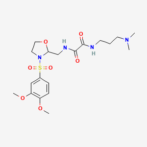 molecular formula C19H30N4O7S B2565375 N'-{[3-(3,4-dimethoxybenzenesulfonyl)-1,3-oxazolidin-2-yl]methyl}-N-[3-(dimethylamino)propyl]ethanediamide CAS No. 868983-05-5