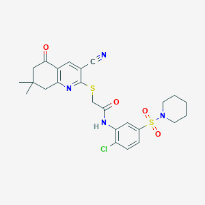 molecular formula C25H27ClN4O4S2 B2565512 N-[2-CHLORO-5-(PIPERIDINE-1-SULFONYL)PHENYL]-2-[(3-CYANO-7,7-DIMETHYL-5-OXO-5,6,7,8-TETRAHYDROQUINOLIN-2-YL)SULFANYL]ACETAMIDE CAS No. 380461-90-5